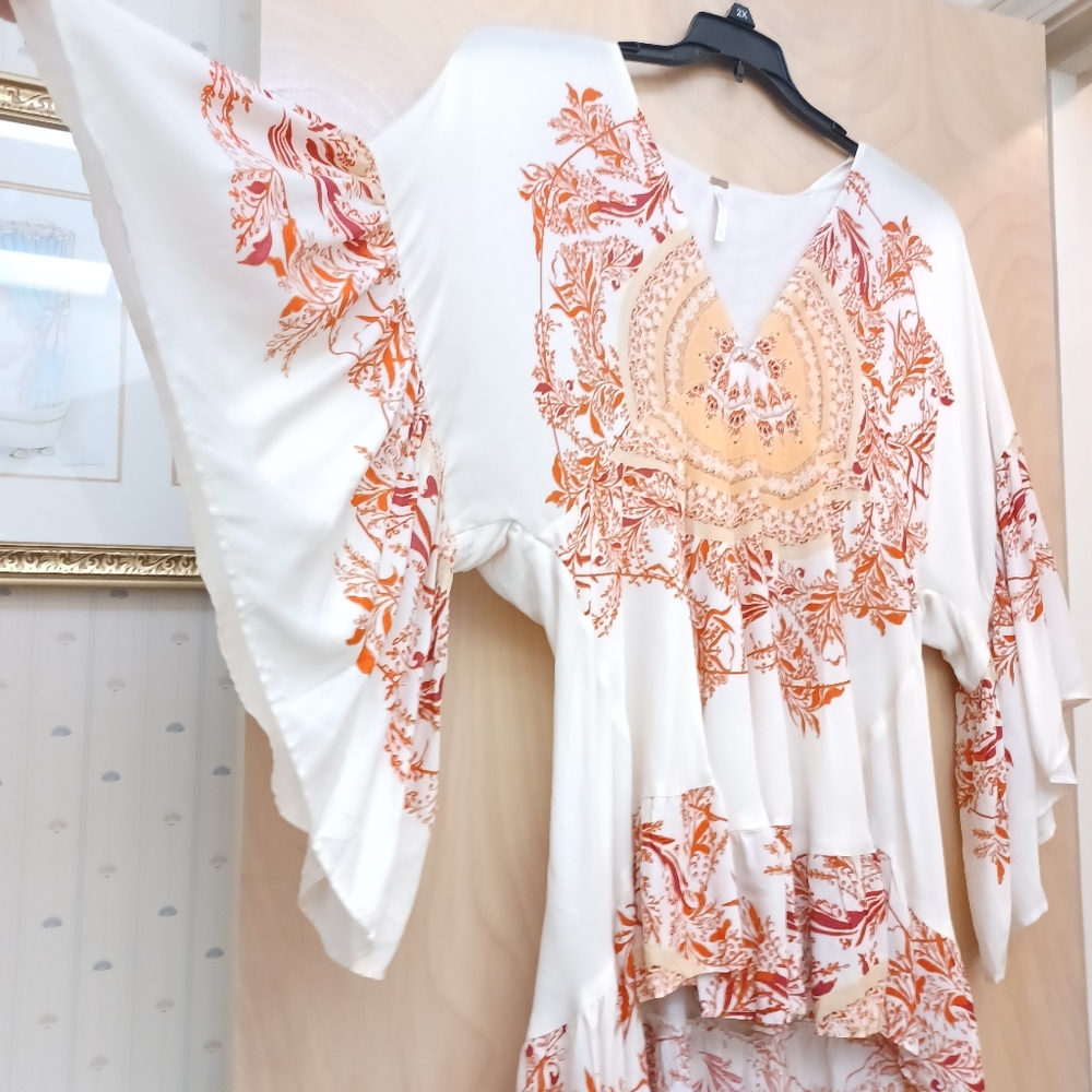 Free People White Orange Red Boho flowy sleeve tunic top XS P